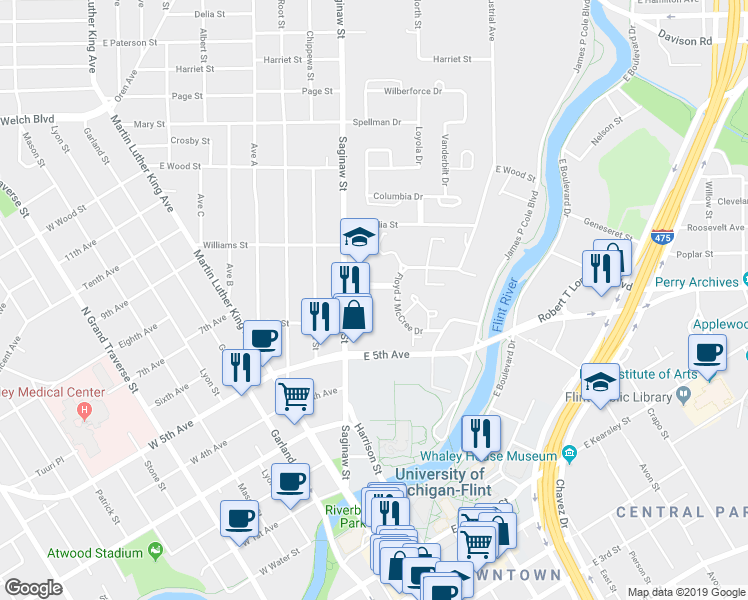 map of restaurants, bars, coffee shops, grocery stores, and more near 915 Saginaw Street in Flint