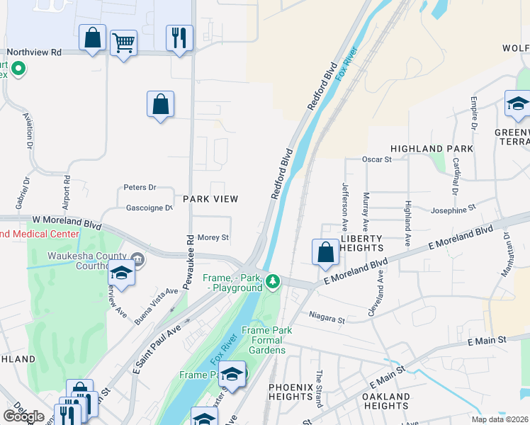 map of restaurants, bars, coffee shops, grocery stores, and more near 1546 East North Street in Waukesha