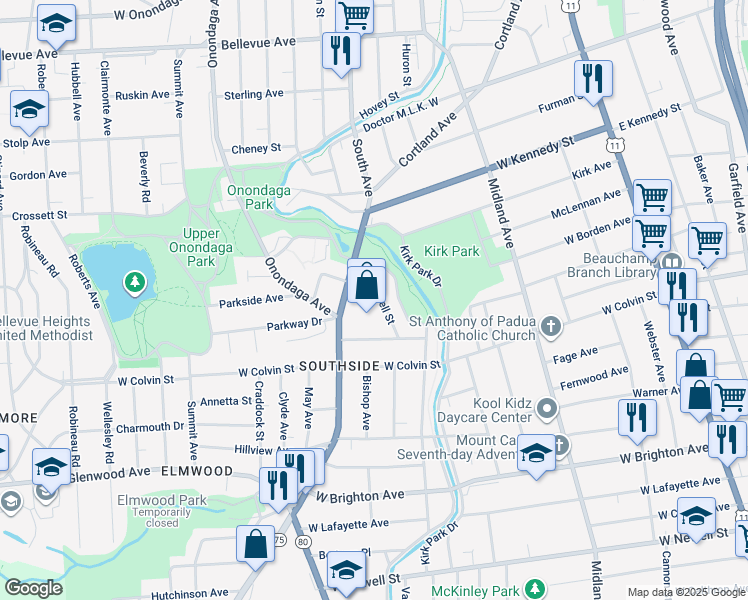 map of restaurants, bars, coffee shops, grocery stores, and more near 134 East Bissell Street in Syracuse