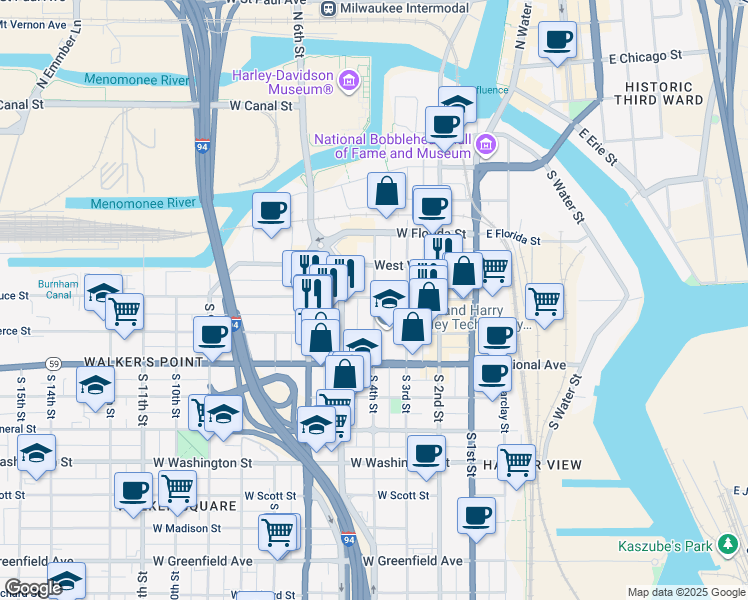 map of restaurants, bars, coffee shops, grocery stores, and more near 605 South 4th Street in Milwaukee