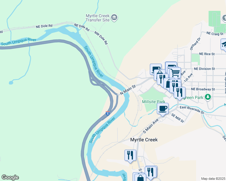 map of restaurants, bars, coffee shops, grocery stores, and more near North Old Pacific Highway in Myrtle Creek