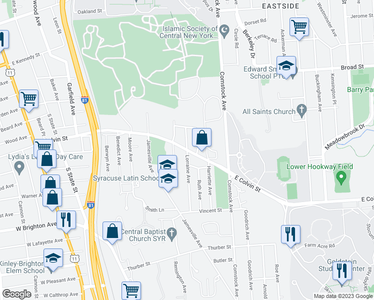 map of restaurants, bars, coffee shops, grocery stores, and more near E Colvin St & Lorraine Ave in Syracuse