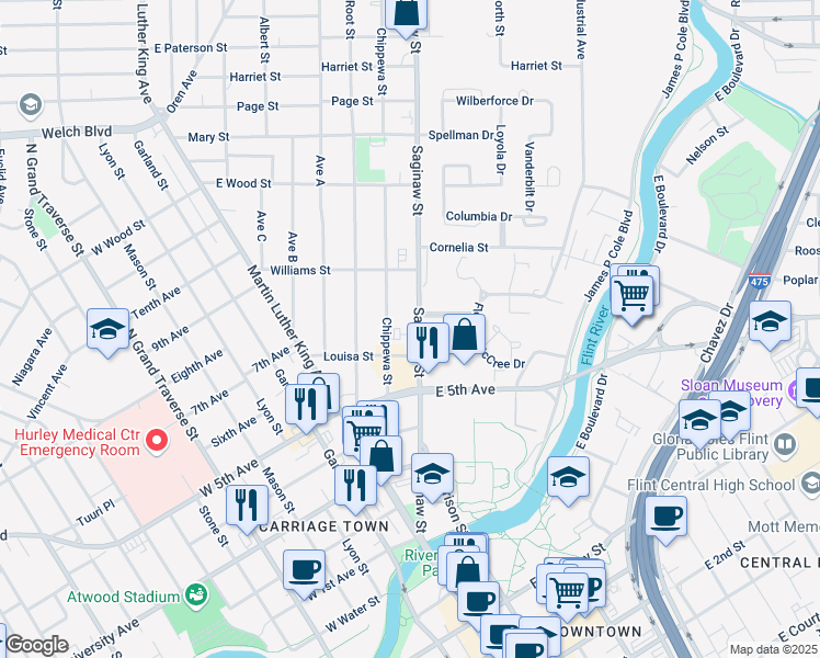 map of restaurants, bars, coffee shops, grocery stores, and more near 901 Saginaw Street in Flint
