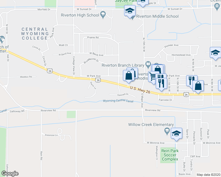 map of restaurants, bars, coffee shops, grocery stores, and more near 1617 West Main Street in Riverton