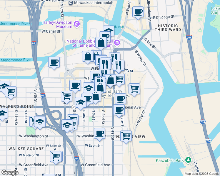 map of restaurants, bars, coffee shops, grocery stores, and more near 138 West Bruce Street in Milwaukee