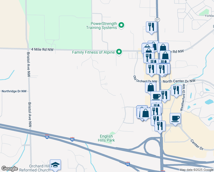 map of restaurants, bars, coffee shops, grocery stores, and more near 3333 Golfview Drive Northwest in Grand Rapids
