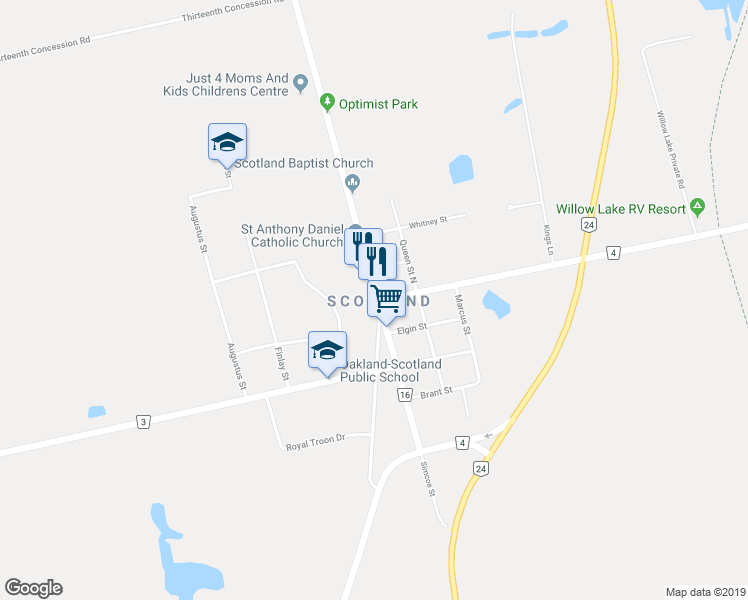map of restaurants, bars, coffee shops, grocery stores, and more near 49 Simcoe Street in Brant