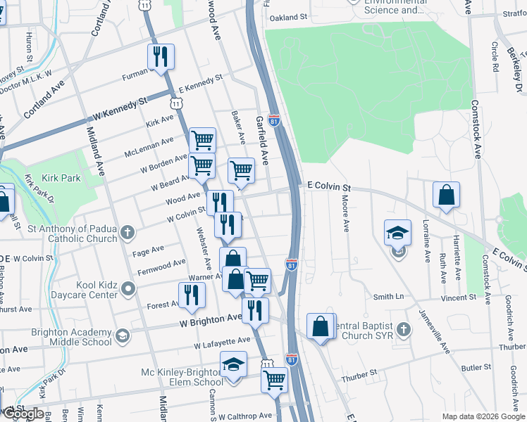 map of restaurants, bars, coffee shops, grocery stores, and more near 246 East Colvin Street in Syracuse
