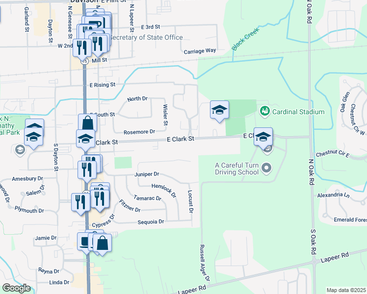 map of restaurants, bars, coffee shops, grocery stores, and more near 415 East Clark Street in Davison