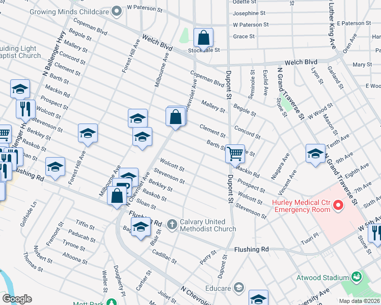 map of restaurants, bars, coffee shops, grocery stores, and more near 2014 Mackin Road in Flint