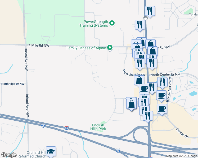 map of restaurants, bars, coffee shops, grocery stores, and more near 3333 Golfview Drive Northwest in Grand Rapids