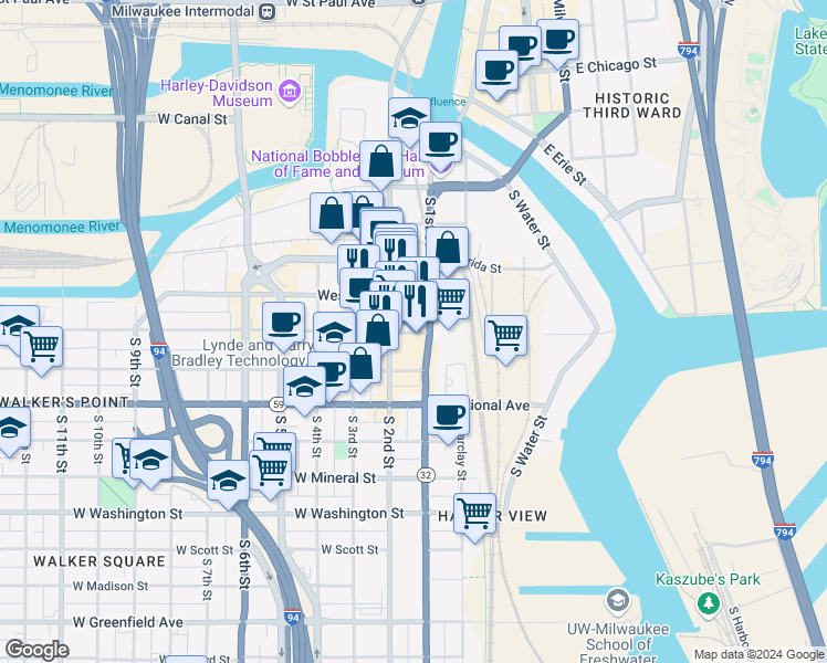 map of restaurants, bars, coffee shops, grocery stores, and more near 127 West Virginia Street in Milwaukee