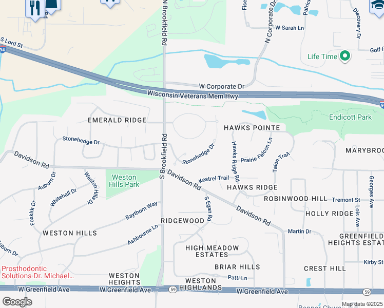 map of restaurants, bars, coffee shops, grocery stores, and more near 18620 Emerald Circle in Brookfield