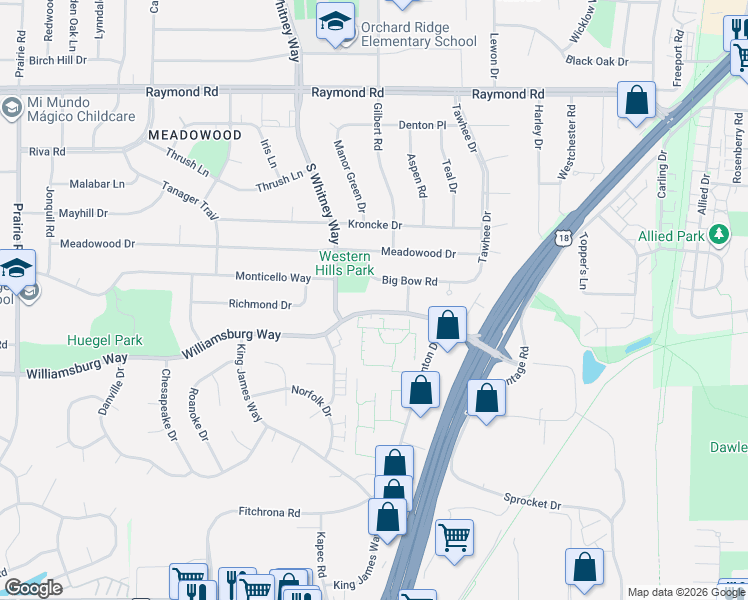 map of restaurants, bars, coffee shops, grocery stores, and more near 5506 Big Bow Road in Fitchburg