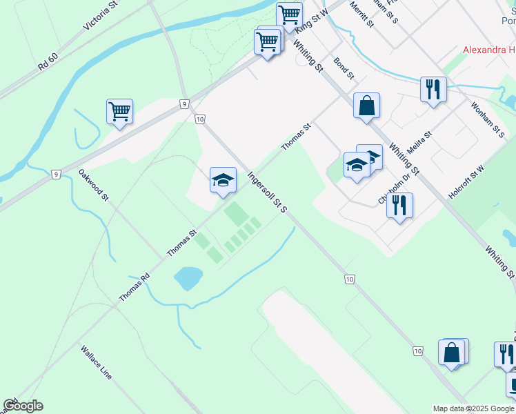 map of restaurants, bars, coffee shops, grocery stores, and more near 250 Ingersoll Street South in Ingersoll