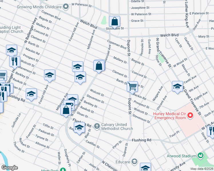 map of restaurants, bars, coffee shops, grocery stores, and more near 2014 Mackin Road in Flint
