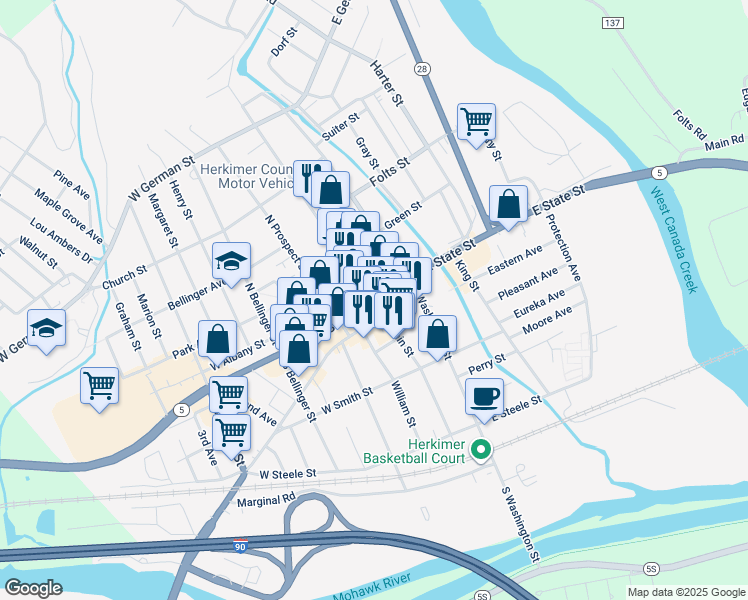 map of restaurants, bars, coffee shops, grocery stores, and more near in Herkimer