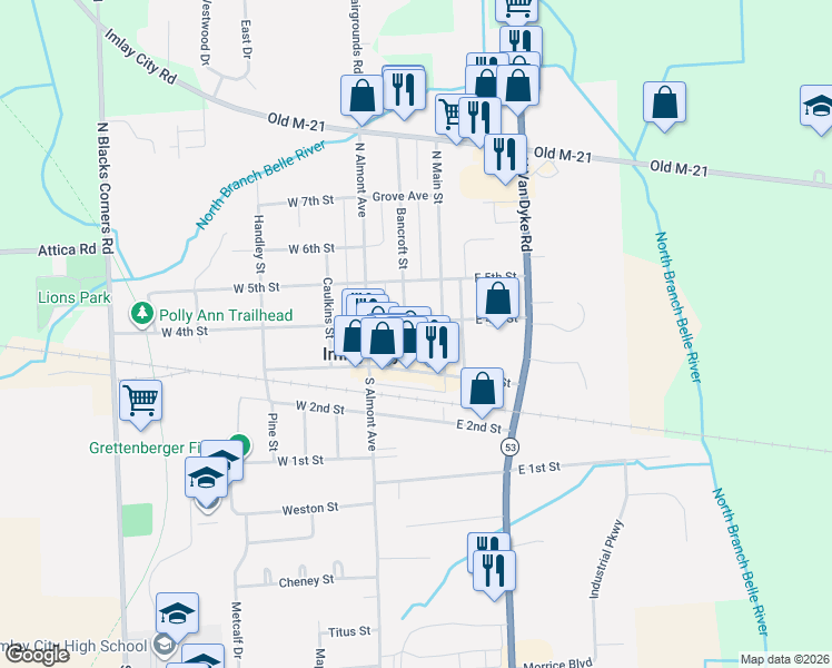 map of restaurants, bars, coffee shops, grocery stores, and more near 230 Bancroft Street in Imlay City