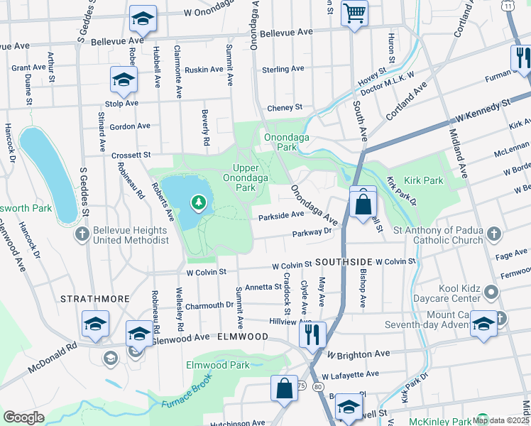 map of restaurants, bars, coffee shops, grocery stores, and more near 174 Parkside Avenue in Syracuse