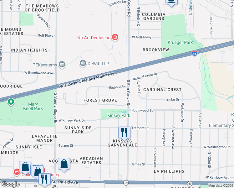 map of restaurants, bars, coffee shops, grocery stores, and more near 13355 Richard Road in Brookfield