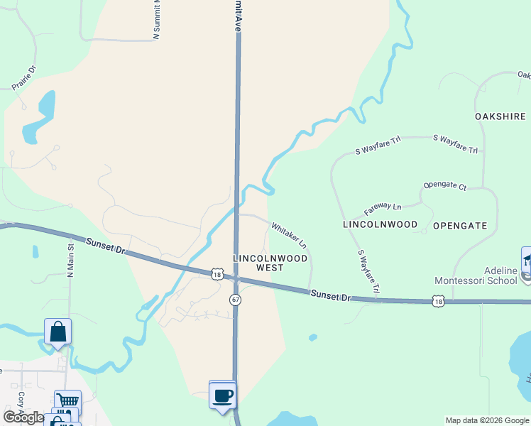 map of restaurants, bars, coffee shops, grocery stores, and more near 35951 Whitaker Lane in Oconomowoc