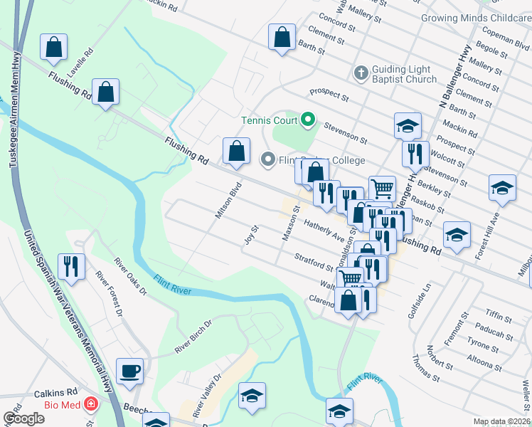map of restaurants, bars, coffee shops, grocery stores, and more near 3193 Hatherly Avenue in Flint