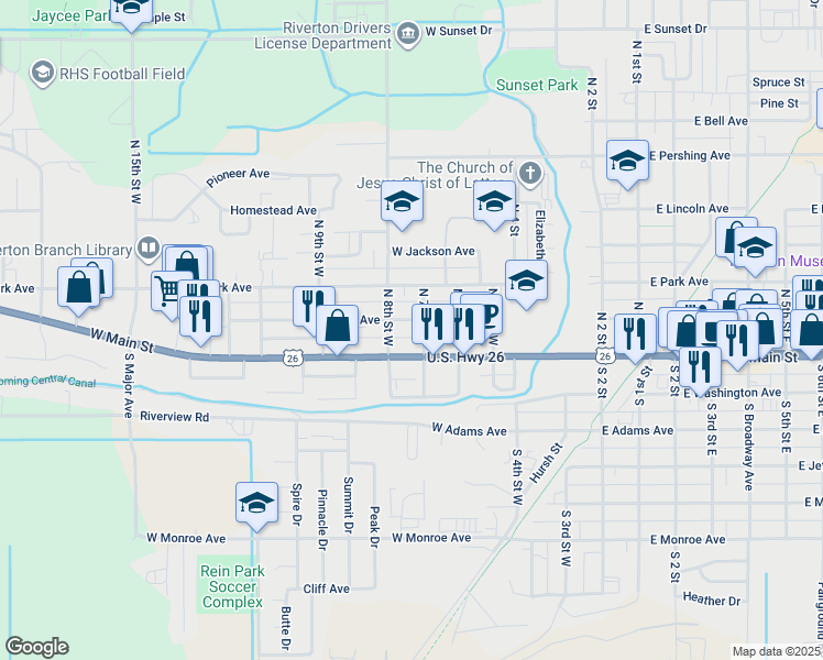 map of restaurants, bars, coffee shops, grocery stores, and more near 211 North 7 Street in Riverton