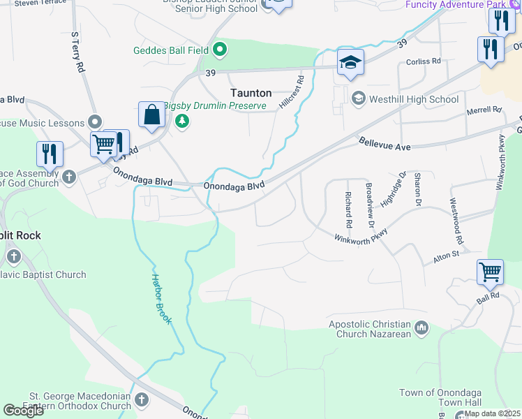 map of restaurants, bars, coffee shops, grocery stores, and more near 3179-87 Bellevue Avenue in Syracuse