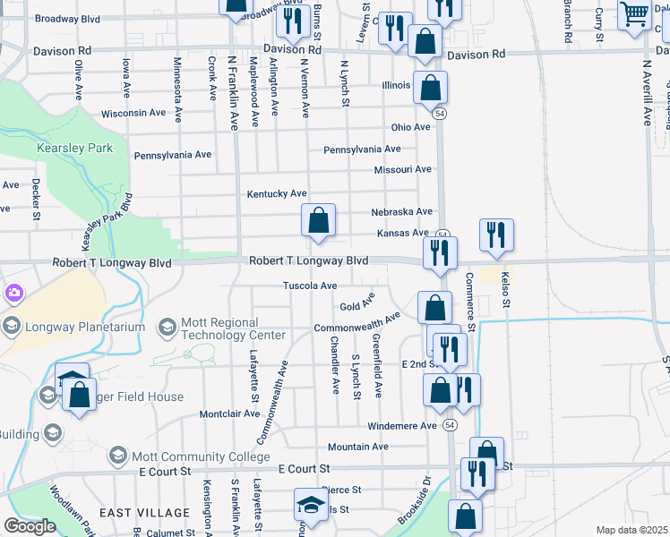 map of restaurants, bars, coffee shops, grocery stores, and more near 910 North Vernon Avenue in Flint