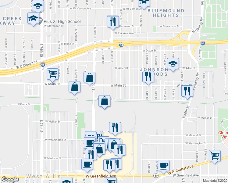map of restaurants, bars, coffee shops, grocery stores, and more near 6805 West Main Street in Milwaukee