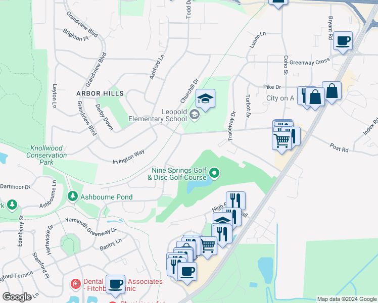map of restaurants, bars, coffee shops, grocery stores, and more near 2403-2699 Post Rd in Madison