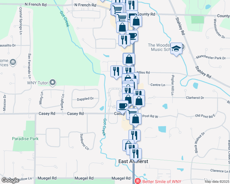 map of restaurants, bars, coffee shops, grocery stores, and more near 137 Breezewood Common in East Amherst