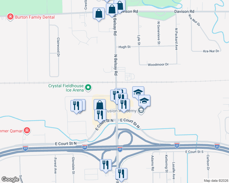 map of restaurants, bars, coffee shops, grocery stores, and more near in Burton
