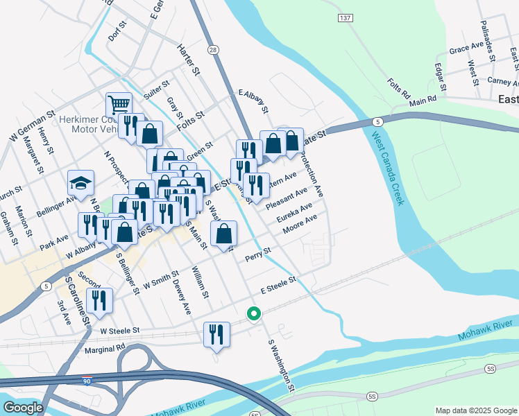 map of restaurants, bars, coffee shops, grocery stores, and more near 316 Eastern Avenue in Herkimer
