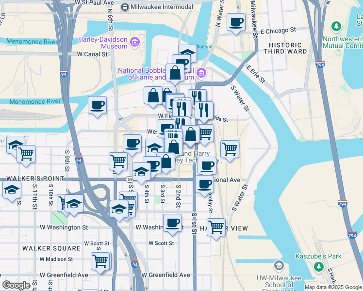 map of restaurants, bars, coffee shops, grocery stores, and more near 138 West Bruce Street in Milwaukee