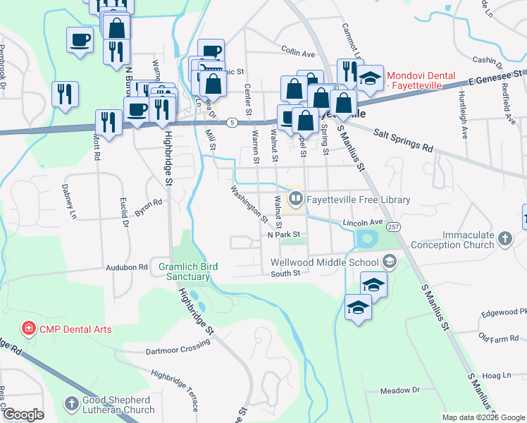 map of restaurants, bars, coffee shops, grocery stores, and more near 105 Warren Street in Fayetteville