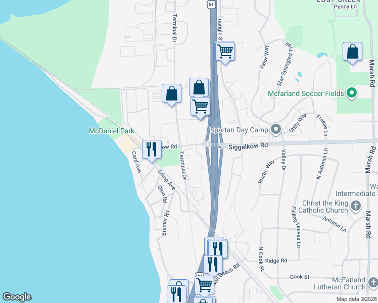 map of restaurants, bars, coffee shops, grocery stores, and more near 4709 Siggelkow Road in McFarland