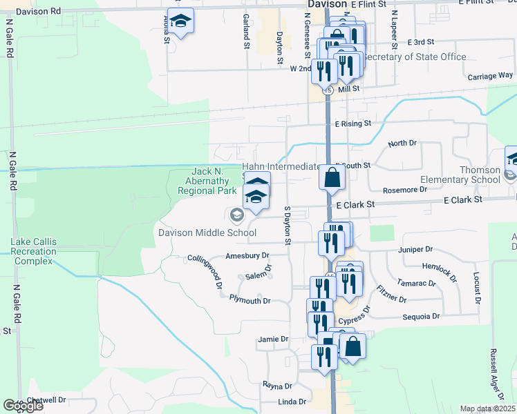 map of restaurants, bars, coffee shops, grocery stores, and more near 500 South Dayton Street in Davison