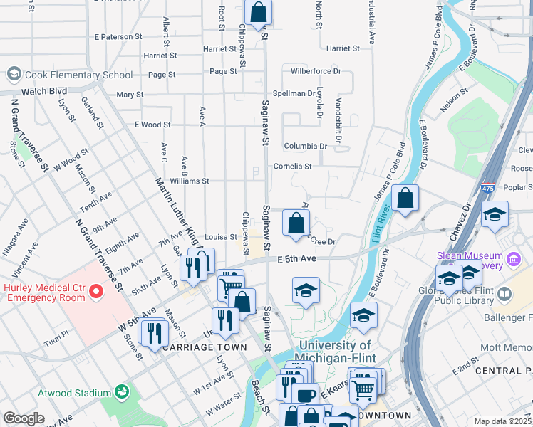 map of restaurants, bars, coffee shops, grocery stores, and more near 1040 Saginaw Street in Flint