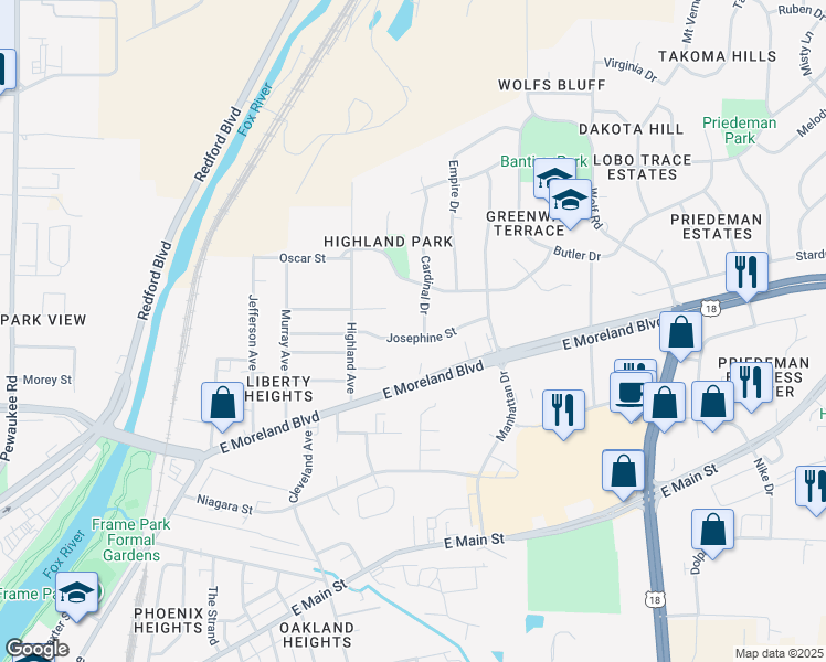 map of restaurants, bars, coffee shops, grocery stores, and more near 1814 Cardinal Drive in Waukesha