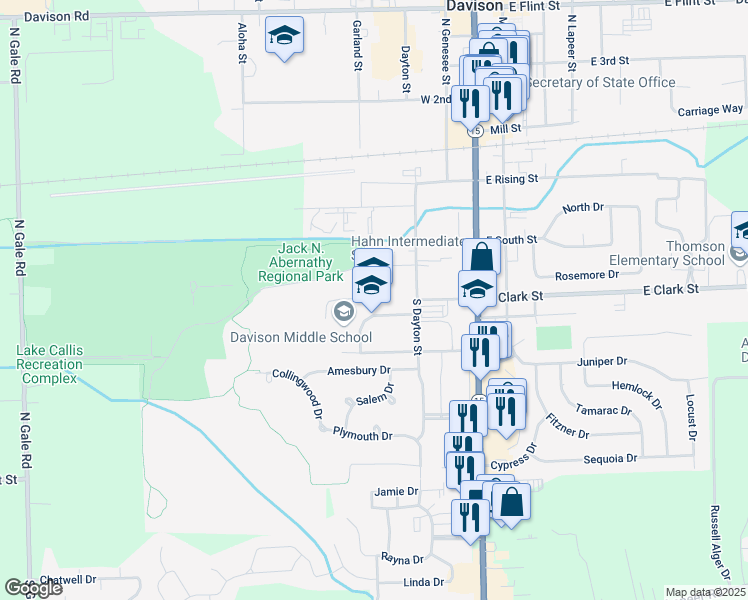map of restaurants, bars, coffee shops, grocery stores, and more near 500 South Dayton Street in Davison