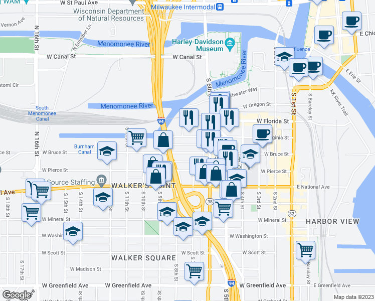 map of restaurants, bars, coffee shops, grocery stores, and more near 710 West Bruce Street in Milwaukee
