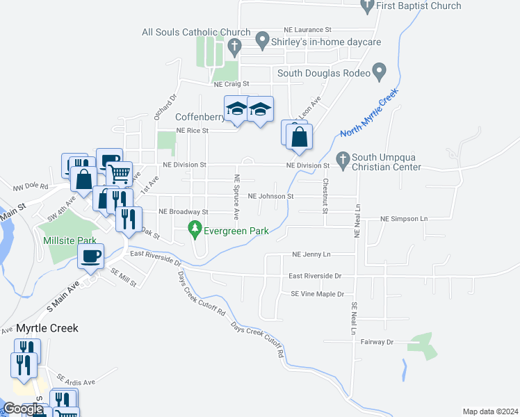 map of restaurants, bars, coffee shops, grocery stores, and more near 646 Northeast Johnson Street in Myrtle Creek