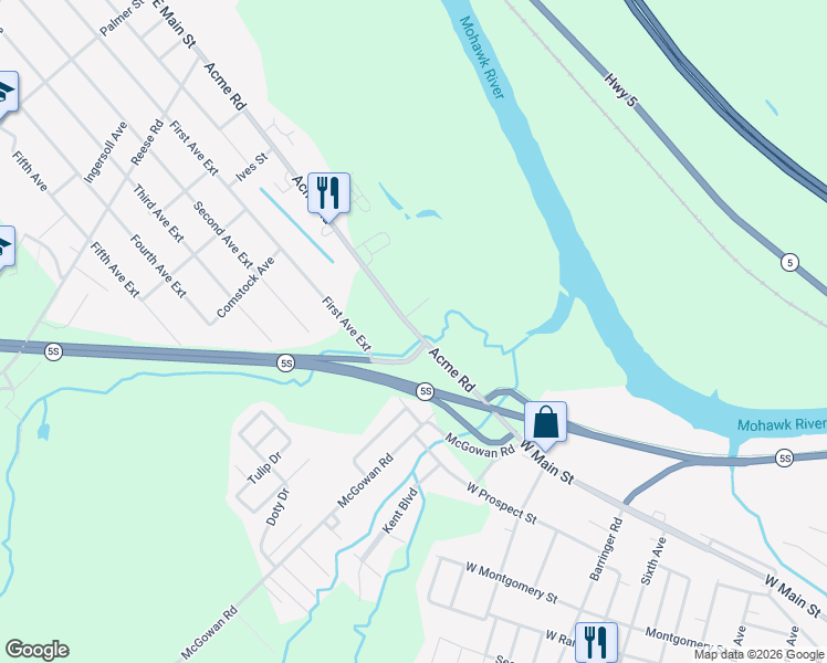 map of restaurants, bars, coffee shops, grocery stores, and more near 4321 Acme Rd in Frankfort