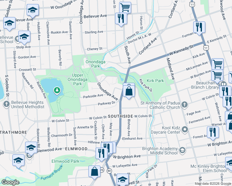 map of restaurants, bars, coffee shops, grocery stores, and more near 118-20 West Bissell Street in Syracuse