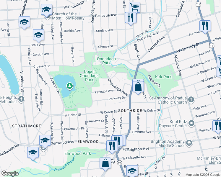 map of restaurants, bars, coffee shops, grocery stores, and more near 100 Eloise Terrace in Syracuse