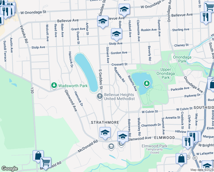 map of restaurants, bars, coffee shops, grocery stores, and more near 105 Twin Hills Drive in Syracuse