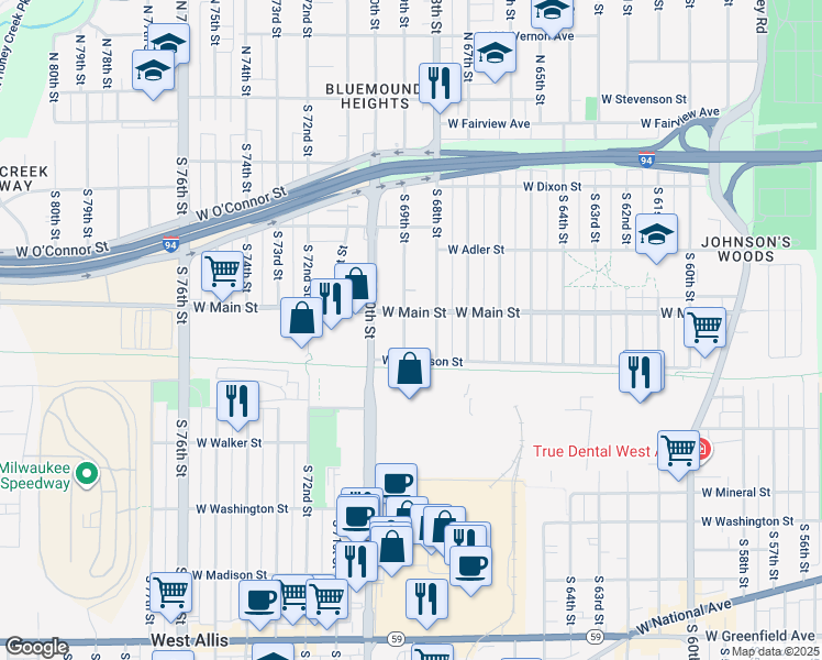 map of restaurants, bars, coffee shops, grocery stores, and more near 6909 West Main Street in Milwaukee