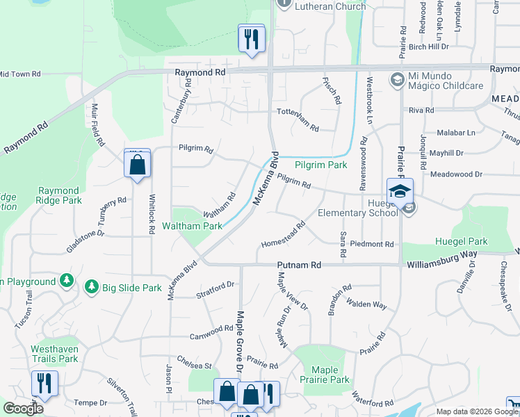 map of restaurants, bars, coffee shops, grocery stores, and more near 2525 McKenna Boulevard in Madison