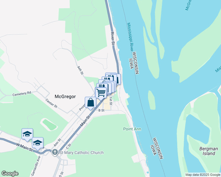 map of restaurants, bars, coffee shops, grocery stores, and more near 132 Main Street in McGregor